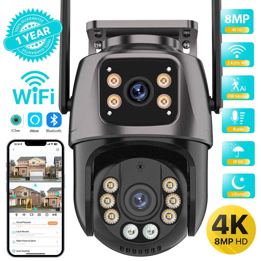Cámara de seguridad exterior PTZ 4K con doble lente