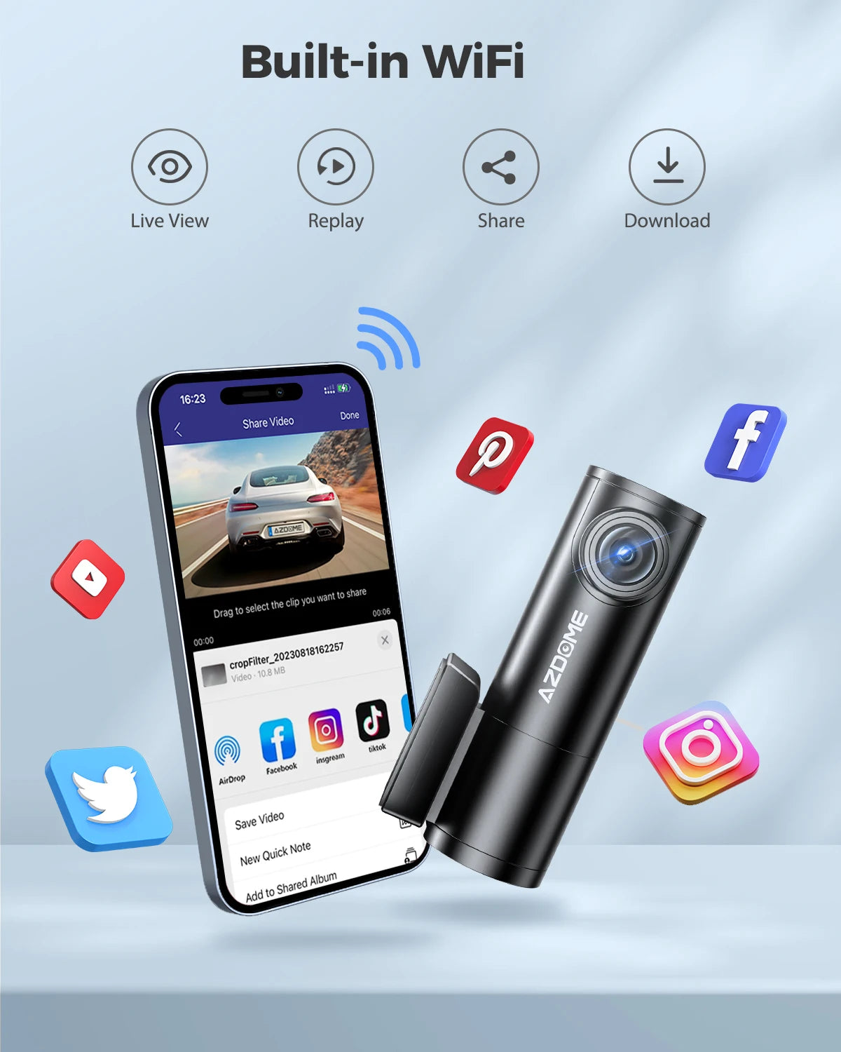 Dashcam AZDOME 1296P WiFi para auto