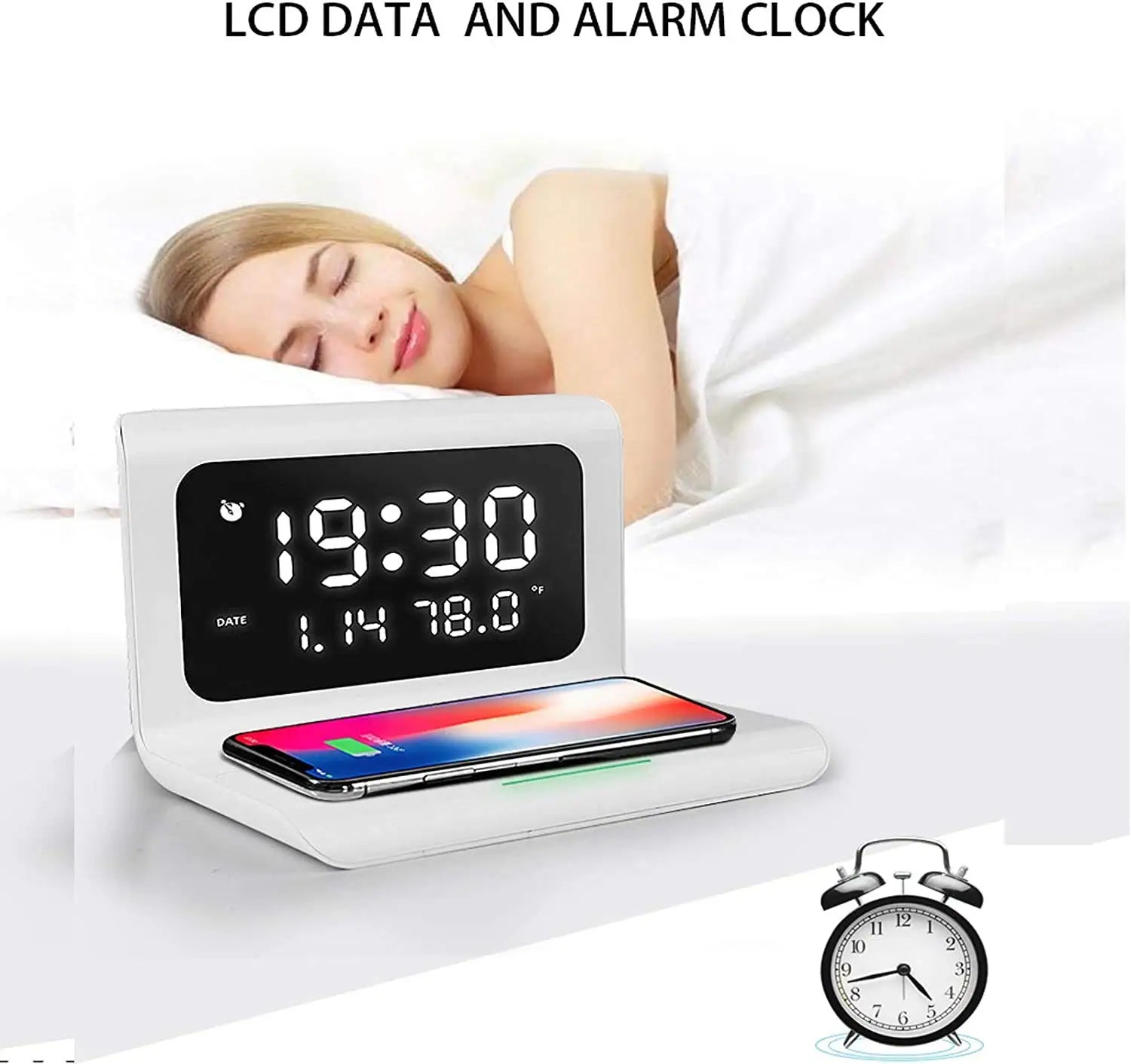 Reloj despertador LED con carga inalámbrica 10W y temperatura